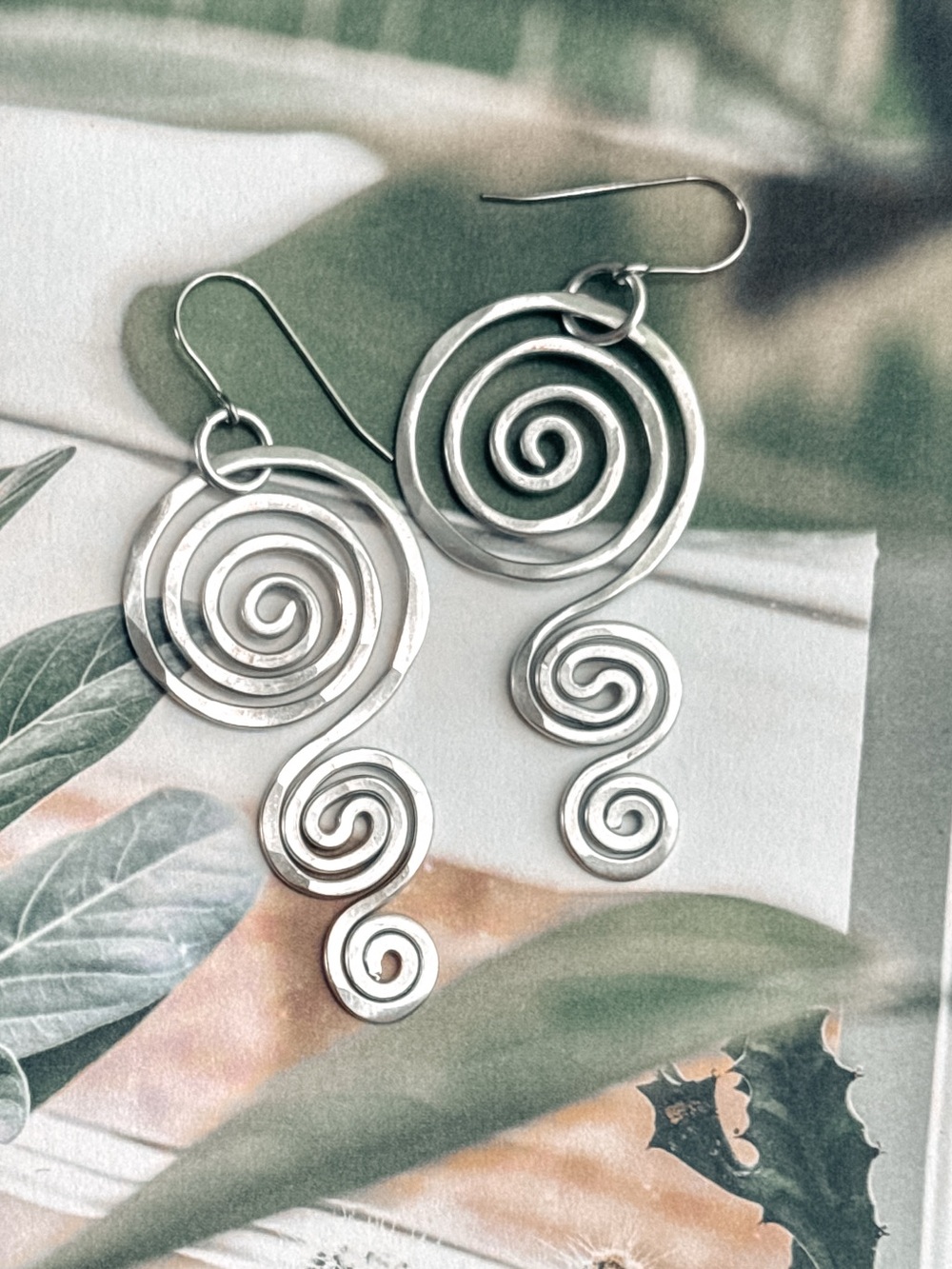 Artsy Silver Spiral Drop Earrings -handcrafted